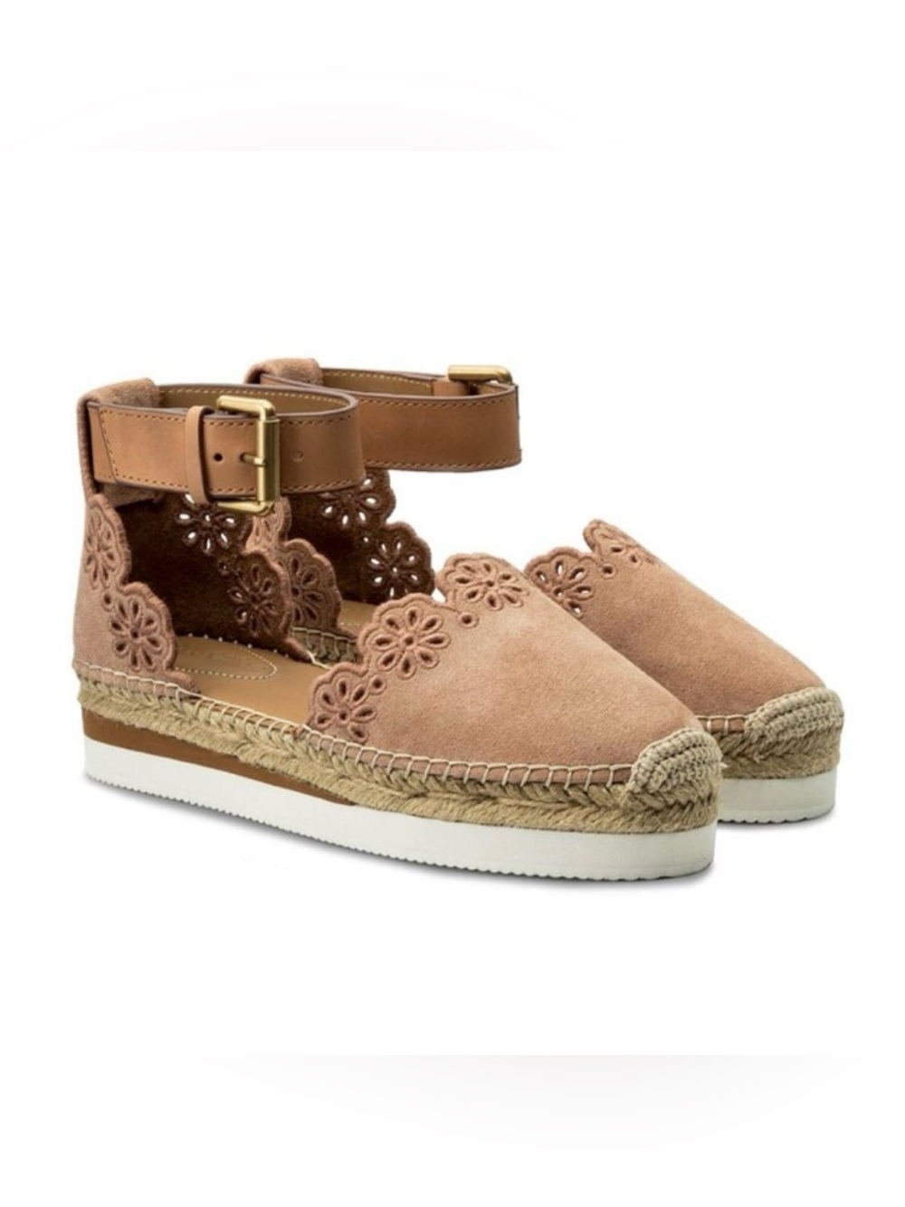 See by Chloé Glyn Suede Floral Espadrille Platform Shoes Pink EU 39 Excellent!